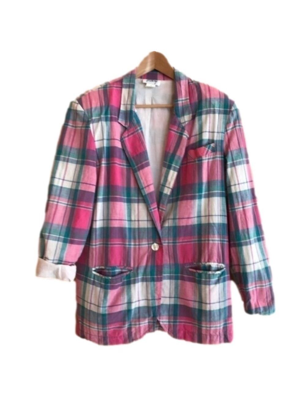Vintage F Shay pink green plaid boyfriend blazer plus size 14
